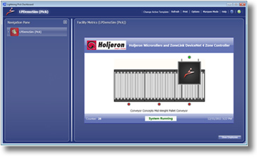 Lightning Pick pick-to-light software dashboard showing Holjeron conveyor control tote progress.
