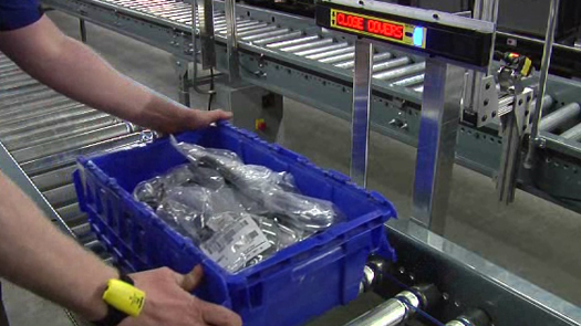 A zoneless pick-to-light system guides an employee on how to handle a tote on automated conveyor.