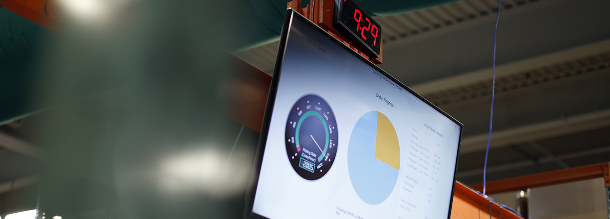 Lightning Pick software dashboard appearing on a large screen on flow rack in a fulfillment center.